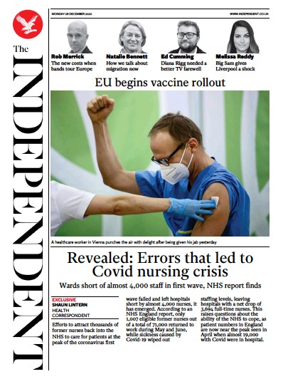 The Independent Newspaper Front Page (UK) for 28 December 2020