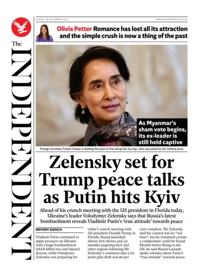 The Independent Newspaper Front Page (UK) for 28 December 2025