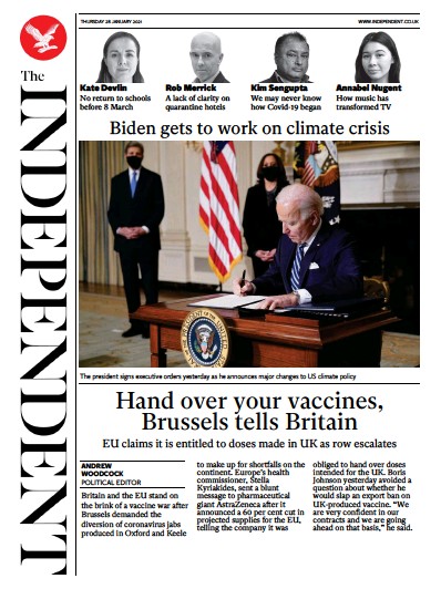 The Independent Newspaper Front Page (UK) for 28 January 2021