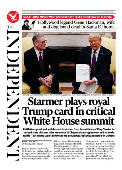 The Independent Newspaper Front Page (UK) for 28 February 2025