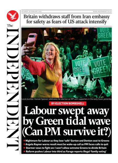The Independent Newspaper Front Page (UK) for 28 February 2026