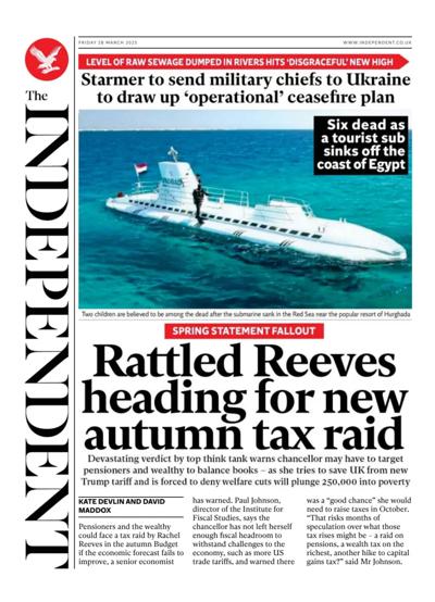 The Independent Newspaper Front Page (UK) for 28 March 2025