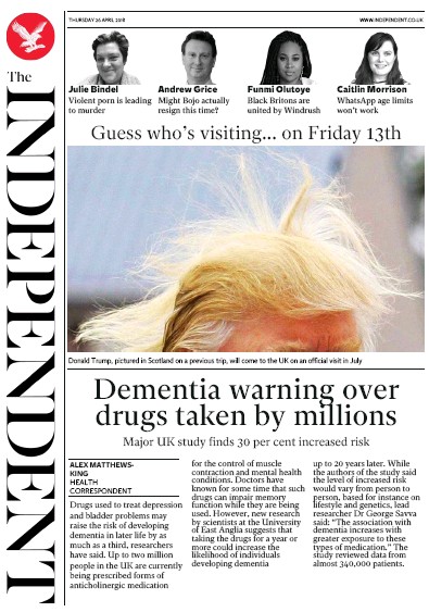 The Independent Newspaper Front Page (UK) for 28 April 2018