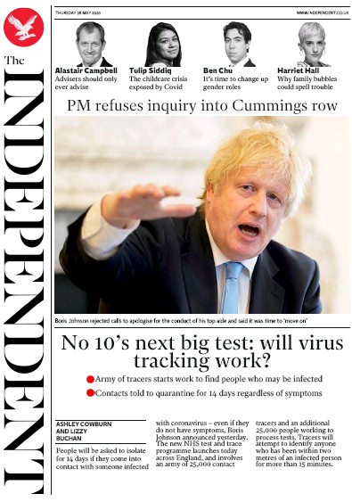 The Independent Newspaper Front Page (UK) for 28 May 2020