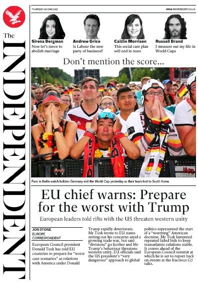 The Independent Newspaper Front Page (UK) for 28 June 2018