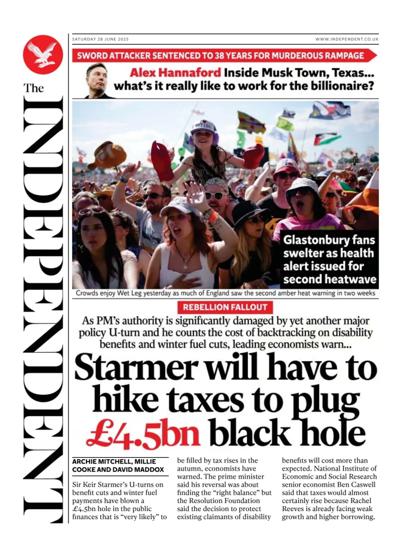 The Independent Newspaper Front Page (UK) for 28 June 2025