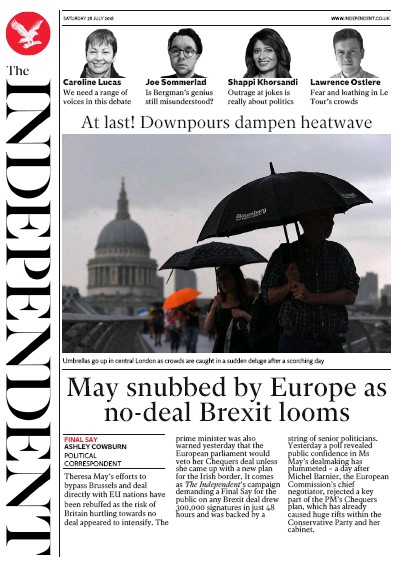 The Independent Newspaper Front Page (UK) for 28 July 2018