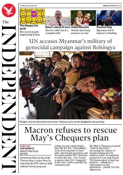 The Independent Newspaper Front Page (UK) for 28 August 2018