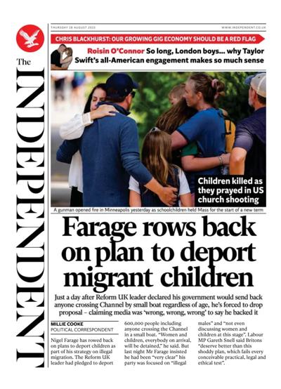 The Independent Newspaper Front Page (UK) for 28 August 2025