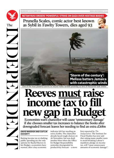 The Independent Newspaper Front Page (UK) for 29 October 2025