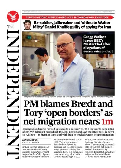 The Independent Newspaper Front Page (UK) for 29 November 2024