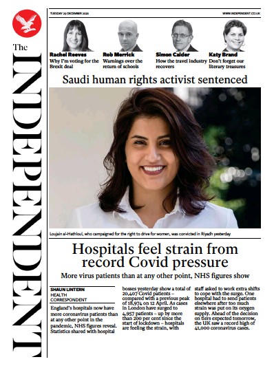 The Independent Newspaper Front Page (UK) for 29 December 2020