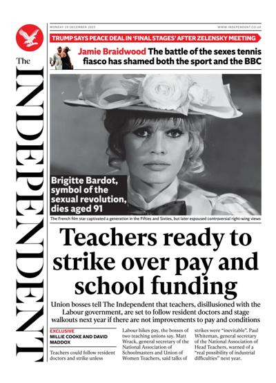 The Independent Newspaper Front Page (UK) for 29 December 2025