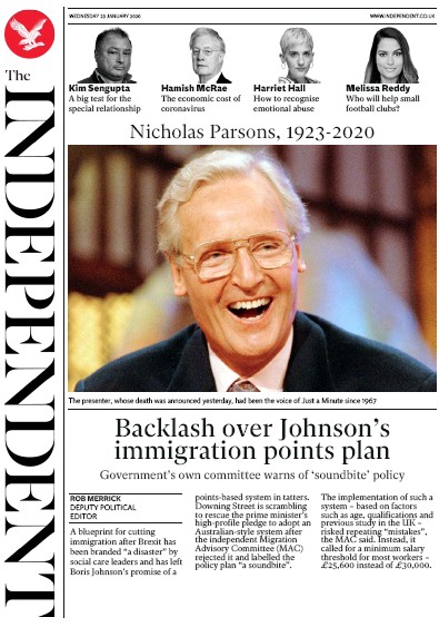 The Independent Newspaper Front Page (UK) for 29 January 2020