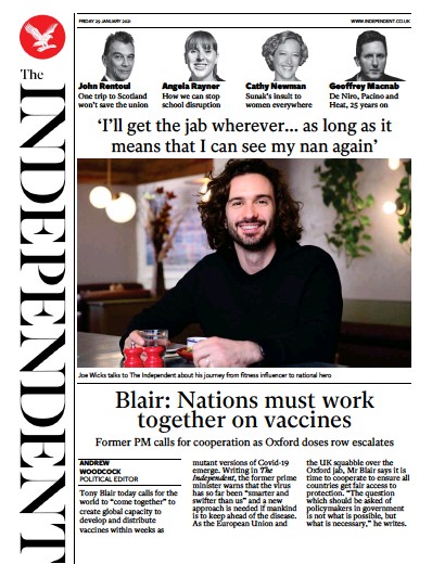 The Independent Newspaper Front Page (UK) for 29 January 2021