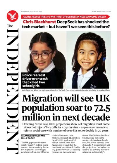 The Independent Newspaper Front Page (UK) for 29 January 2025