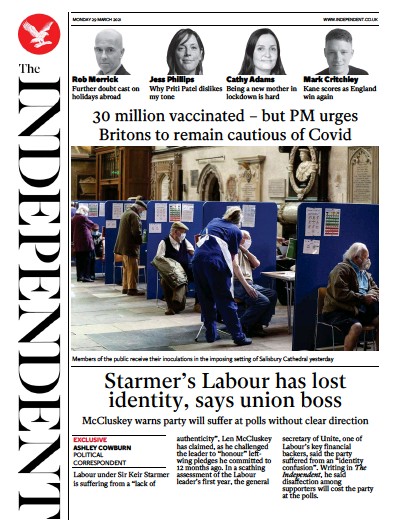 The Independent Newspaper Front Page (UK) for 29 March 2021