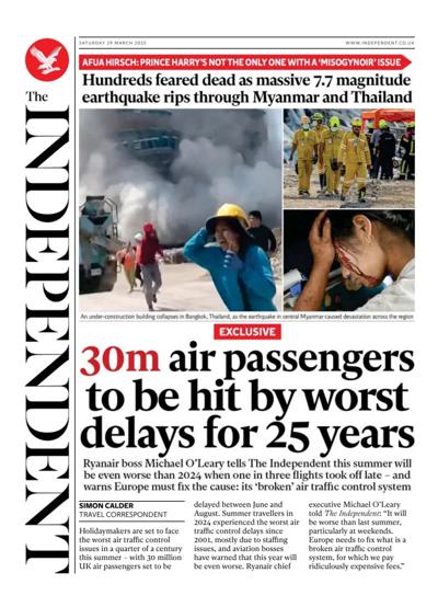 The Independent Newspaper Front Page (UK) for 29 March 2025