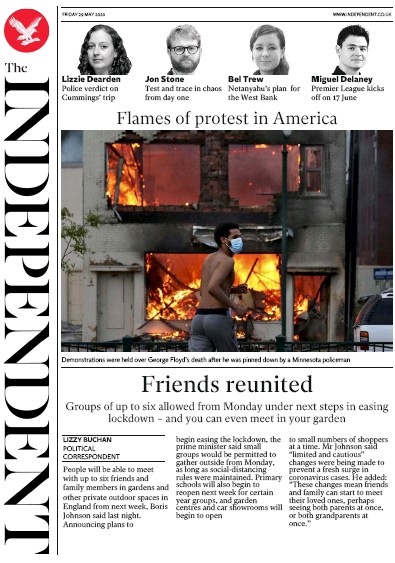 The Independent Newspaper Front Page (UK) for 29 May 2020