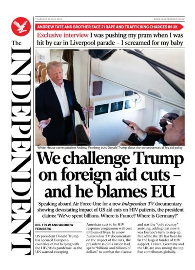 The Independent Newspaper Front Page (UK) for 29 May 2025