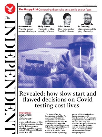 The Independent Newspaper Front Page (UK) for 29 June 2020