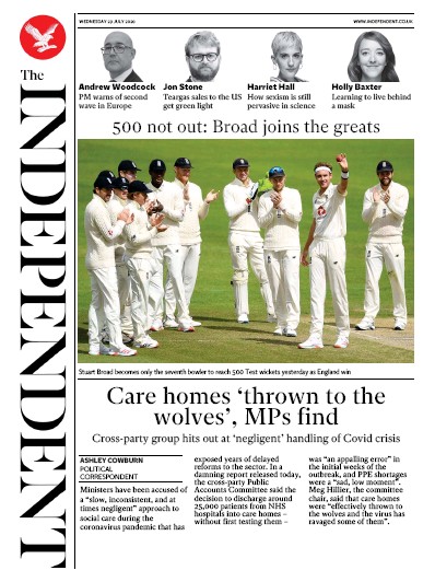 The Independent Newspaper Front Page (UK) for 29 July 2020