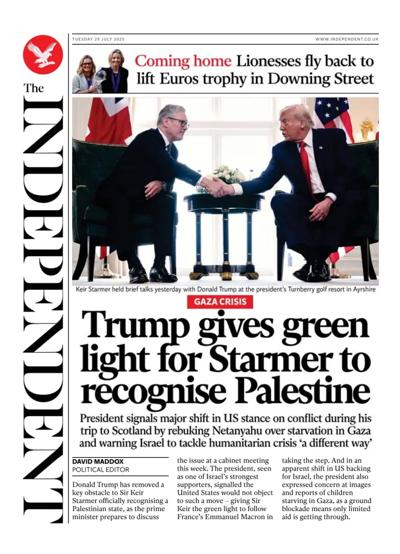 The Independent Newspaper Front Page (UK) for 29 July 2025