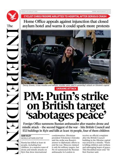 The Independent Newspaper Front Page (UK) for 29 August 2025