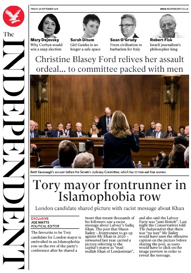 The Independent Newspaper Front Page (UK) for 29 September 2018