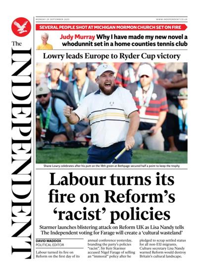 The Independent Newspaper Front Page (UK) for 29 September 2025