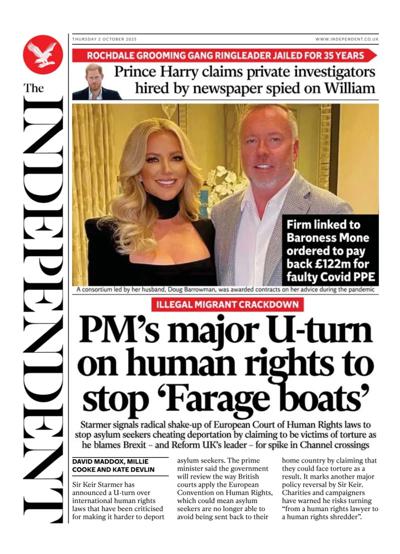 The Independent Newspaper Front Page (UK) for 2 October 2025