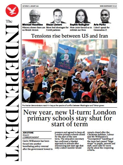 The Independent Newspaper Front Page (UK) for 2 January 2021