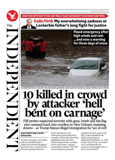 The Independent Newspaper Front Page (UK) for 2 January 2025