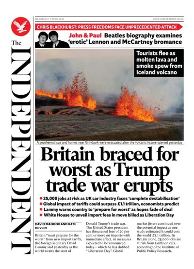 The Independent Newspaper Front Page (UK) for 2 April 2025