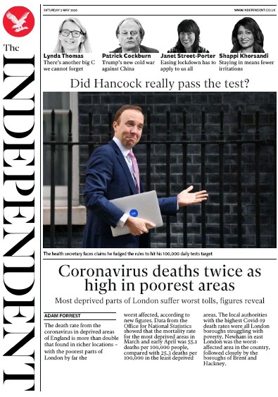 The Independent Newspaper Front Page (UK) for 2 May 2020