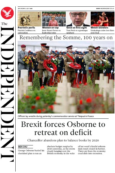 The Independent Newspaper Front Page (UK) for 2 July 2016