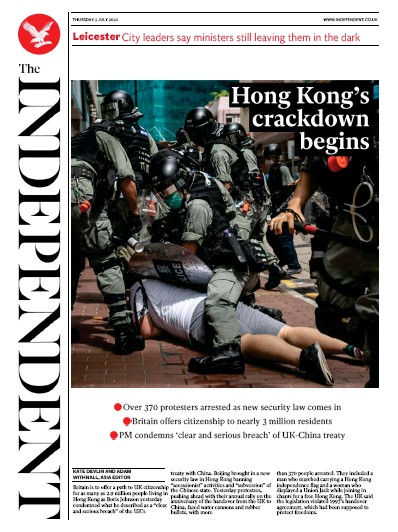 The Independent Newspaper Front Page (UK) for 2 July 2020