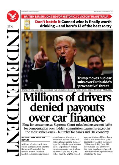 The Independent Newspaper Front Page (UK) for 2 August 2025