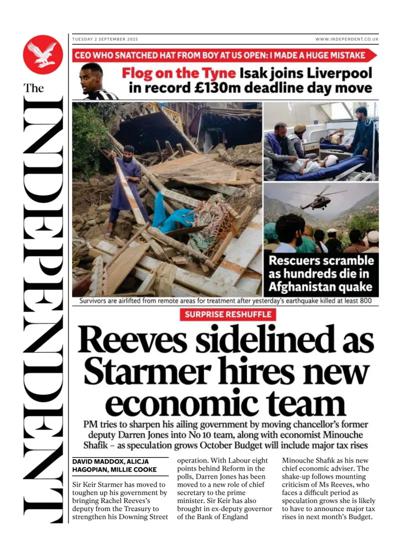 The Independent Newspaper Front Page (UK) for 2 September 2025