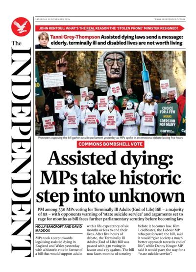 The Independent Newspaper Front Page (UK) for 30 November 2024