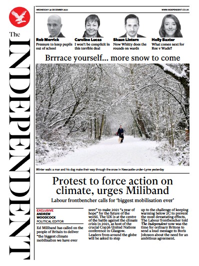 The Independent Newspaper Front Page (UK) for 30 December 2020