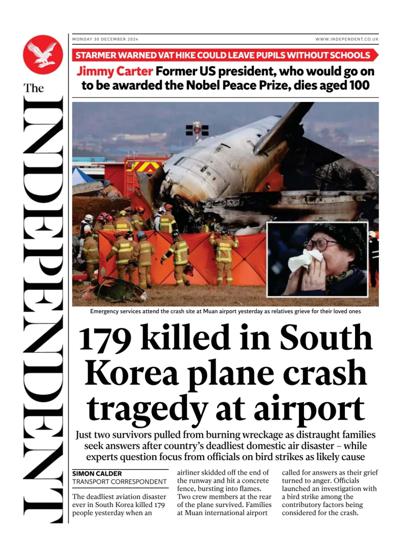 The Independent Newspaper Front Page (UK) for 30 December 2024