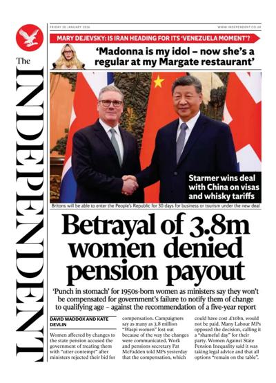 The Independent Newspaper Front Page (UK) for 30 January 2026