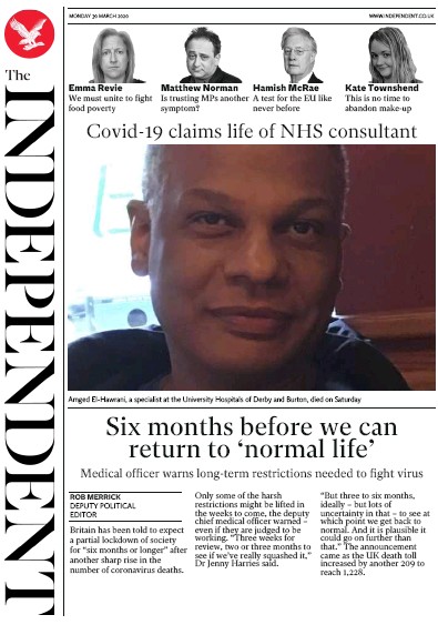 The Independent Newspaper Front Page (UK) for 30 March 2020