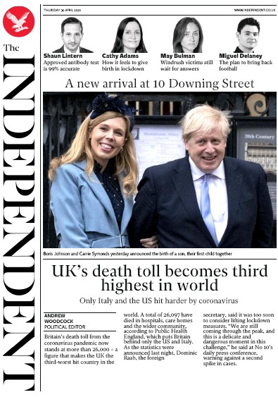 The Independent Newspaper Front Page (UK) for 30 April 2020