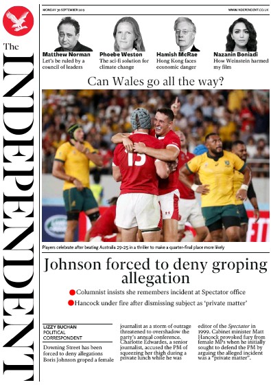 The Independent Newspaper Front Page (UK) for 30 September 2019