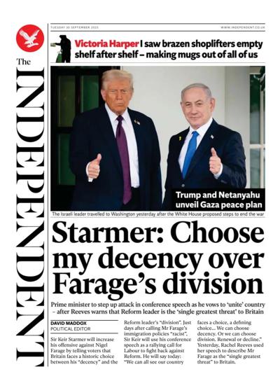 The Independent Newspaper Front Page (UK) for 30 September 2025