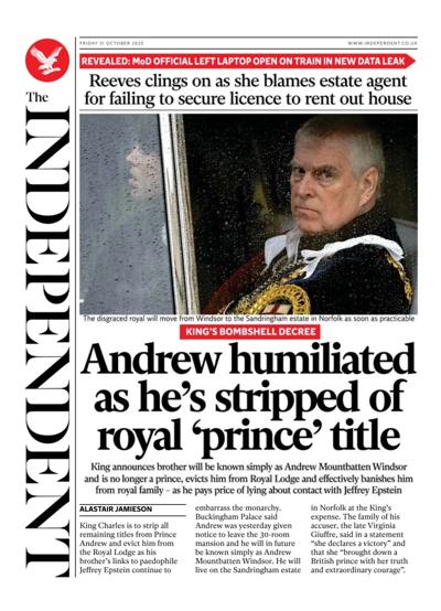 The Independent Newspaper Front Page (UK) for 31 October 2025
