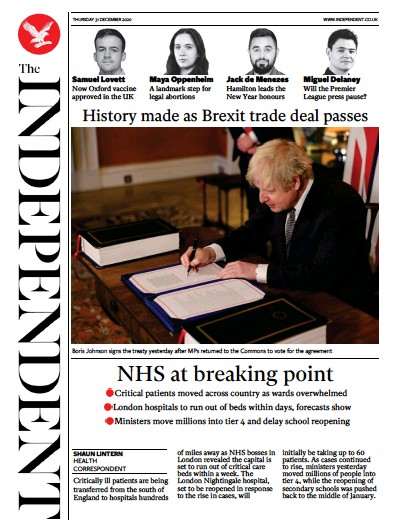 The Independent Newspaper Front Page (UK) for 31 December 2020