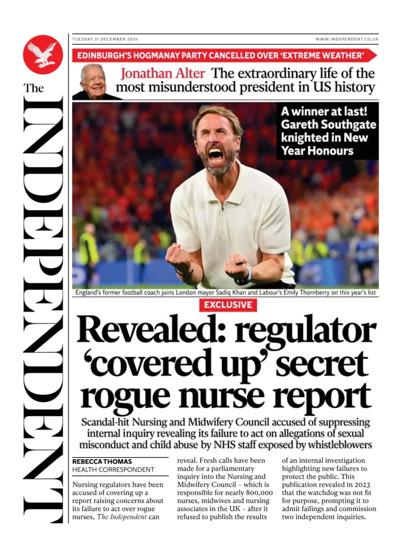 The Independent Newspaper Front Page (UK) for 31 December 2024